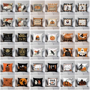 Halloween Decorative Pillowcase Short Plush Cushion Cover With Pumpkin Witch Bat Ghost Print For Home Living Room Sofa Party