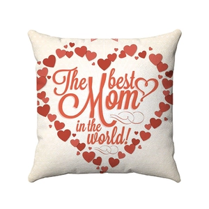 Detail view of Mother's Day pillowcase with red heart pattern and festive typography