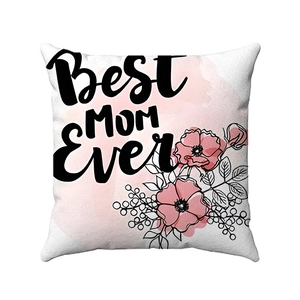 Detail of soft square pillowcase with Best MOM Ever print and pink floral art