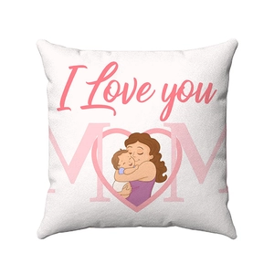 Close-up of soft white pillowcase with I Love You Mom heart print for Mother's Day