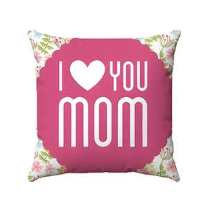 Detail of soft fabric cushion cover with I Love You Mom floral print for Mother Day