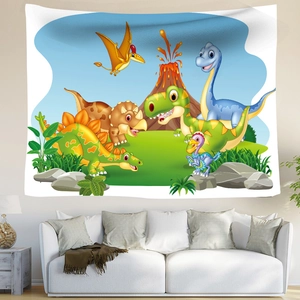 Detail of cartoon dinosaur wall tapestry showing vibrant prehistoric scenes over a sofa