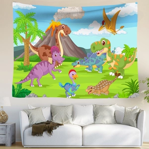Detailed close-up of cartoon dinosaur wall tapestry featuring colorful prehistoric forest theme