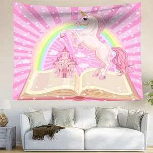 Cartoon unicorn and pink castle wall tapestry for kids bedroom decor and photography