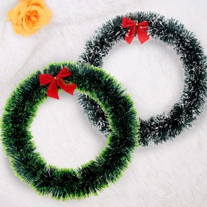 Christmas Tinsel Wreath PET Material Green White Foliage Red Bow Decoration Festive Holiday Wall Hanging Door Ornament