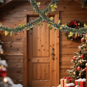 Detail of 2m Christmas garland with red berries and gold leaves on wooden door
