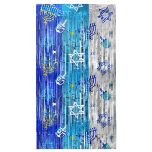 Hanukkah foil fringe curtain detail with Menorah, Star of David, and Dreidel patterns