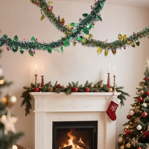 Close-up of 2m Christmas tinsel with dark green foliage, red berries and gold holly leaves