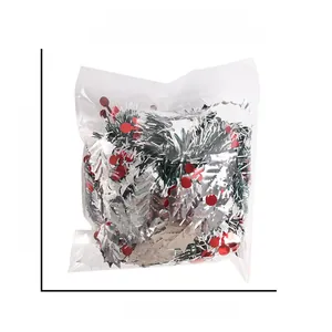 Detailed dimensions of silver tinsel garland with red berries and green leaves