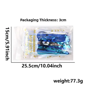 Detailed dimensions of the blue and silver party fringe curtain in clear packaging