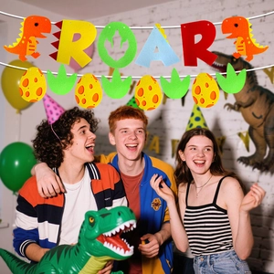 Fluorescent cartoon dinosaur birthday banner with ROAR letters and inflatable T-Rex decor