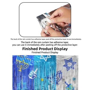 Detail of self-adhesive backing on blue and silver Hanukkah tinsel curtain for party decor