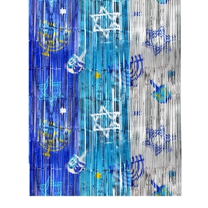 Detail view of Hanukkah foil curtain with blue and silver stripes, Star of David and Dreidel prints