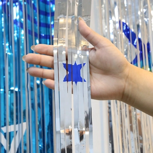 Rideau de fête argenté avec imprimé Étoile de David bleue pour décoration de Hanoucca