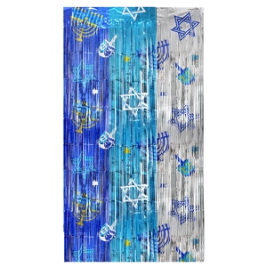 Hanukkah tinsel curtain background with blue and silver foil featuring Star of David