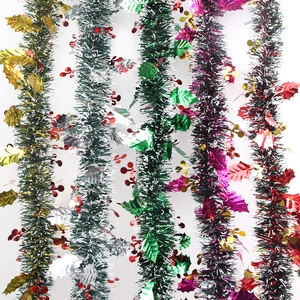 Christmas Tinsel Garland With Holly Leaves And Berries Snowy White Edge Christmas Tree Decorations Festive Party Decor