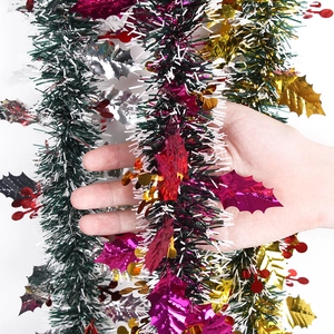 2M Christmas tinsel garland with green white filaments and colorful holly leaf sequins