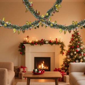 2M dense dark green Christmas garland with golden leaves and red berries for holiday decor