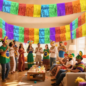 Detailansicht der Regenbogenfolien-Quastenvorhänge für lebendige Party-Wanddekoration
