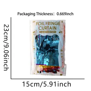 Foil fringe curtain for party decoration with 23x15x1.7cm package dimensions shown