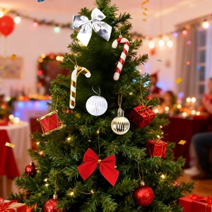 Christmas tree ornaments set with red bows, candy canes, and gift boxes on branches