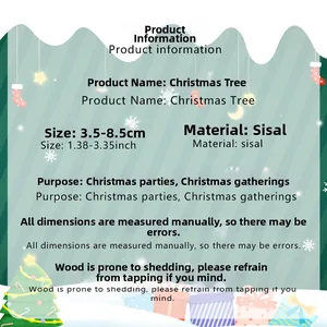 Miniature sisal Christmas tree size guide showing heights from 3.5cm to 8.5cm with wood base