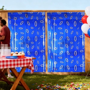 Blue tinsel curtains with gold ring print for birthday party backdrop decorations