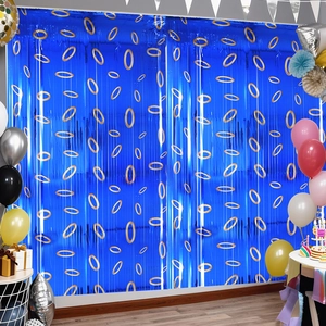 Blue tinsel fringe curtain with golden ring patterns for birthday party backdrop decorations