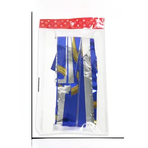 Blue and gold tinsel fringe curtain packaging details and 1x2M size measurement guide
