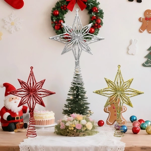 Glittery hollow 3D star tree toppers in gold red and silver with spiral metal base