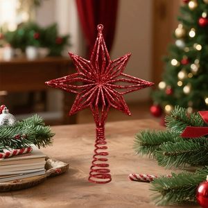 Sparkling red glitter star tree topper with a sturdy spiral base for Christmas decoration
