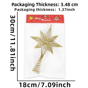 Detailed view of gold glitter Christmas tree topper star with spiral base and dimensions