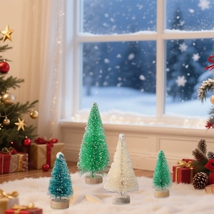 Mini sisal snow-covered Christmas trees with wooden bases on a soft white plush rug