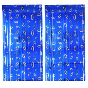 Tenda a frange blu con anelli dorati per decorazioni da parete per feste