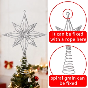 Silver glitter 8-point star tree topper with spiral base and hanging hole for Christmas tree