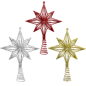 Three hollow Christmas tree star toppers in red silver and gold with glitter coating
