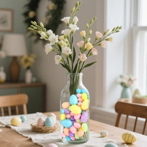 Detail van een glazen vaas gevuld met glitter paaseieren en verse voorjaarsbloemen