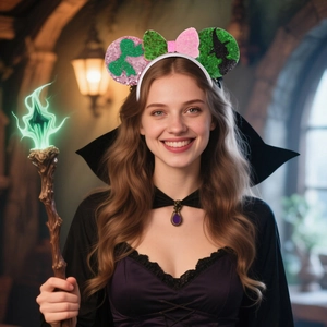 Close-up of pink and green sequin witch headband worn in a magical gothic setting