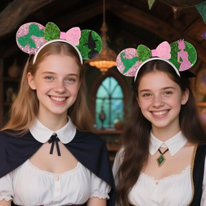 Detail of girls wearing sequined witch ear headbands with bows for party costumes
