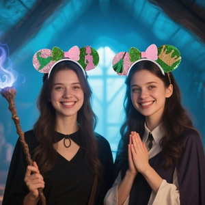 Detail of pink and green sequin mouse ears headbands with witch and crown motifs