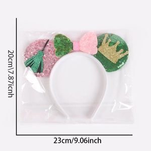 Detail showing glitter mouse ears headband with bow and dimensions 23cm by 20cm