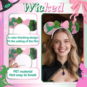 Wicked movie themed pink and green sequin Mickey headband with glitter bow for cosplay parties