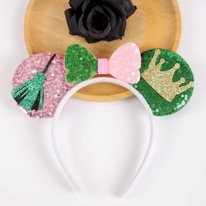 Sparkly sequins Mickey ears headband with crown and broom design for Wicked theme party