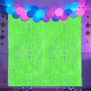 Neon green tinsel curtain with balloons and stars for vibrant party background decor