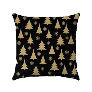 Nordic square black pillow cover with gold Christmas tree and snowflake print on white background