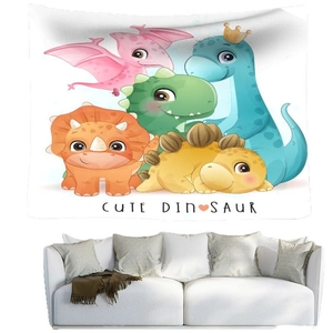 Cartoon dinosaur tapestry wall hanging for kids bedroom featuring five cute colorful dinosaurs