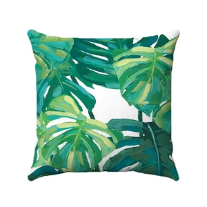 Nordic tropical monstera leaf square throw pillow cover in green and white oil painting style