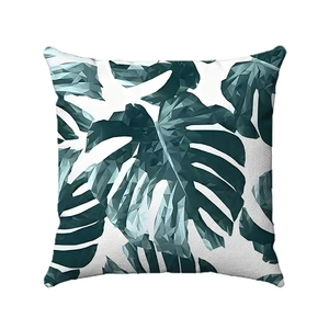 Modern Nordic square throw pillow cover featuring green geometric monstera leaf pattern
