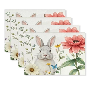 Oster-Tischsets 4er-Set aus Leinen mit Aquarell-Hasen- und Blumenmuster-Dekor
