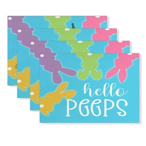4er-Set Oster-Tischsets aus Leinen mit bunten Hasen-Silhouetten und hello PEEPS Text